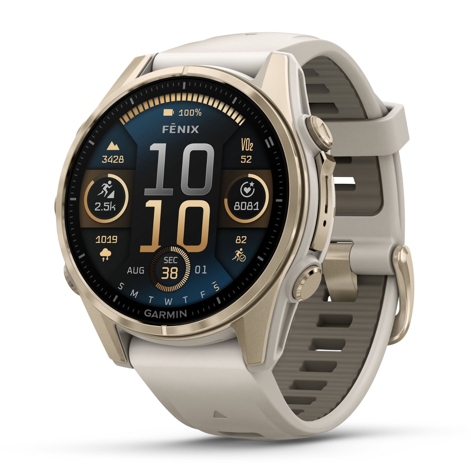 Garmin Fenix 8 Sapphire - 43 mm / AMOLED - Soft Gold avec bracelet en silicone gris brouillard/grès foncé - Montre multisport premium
