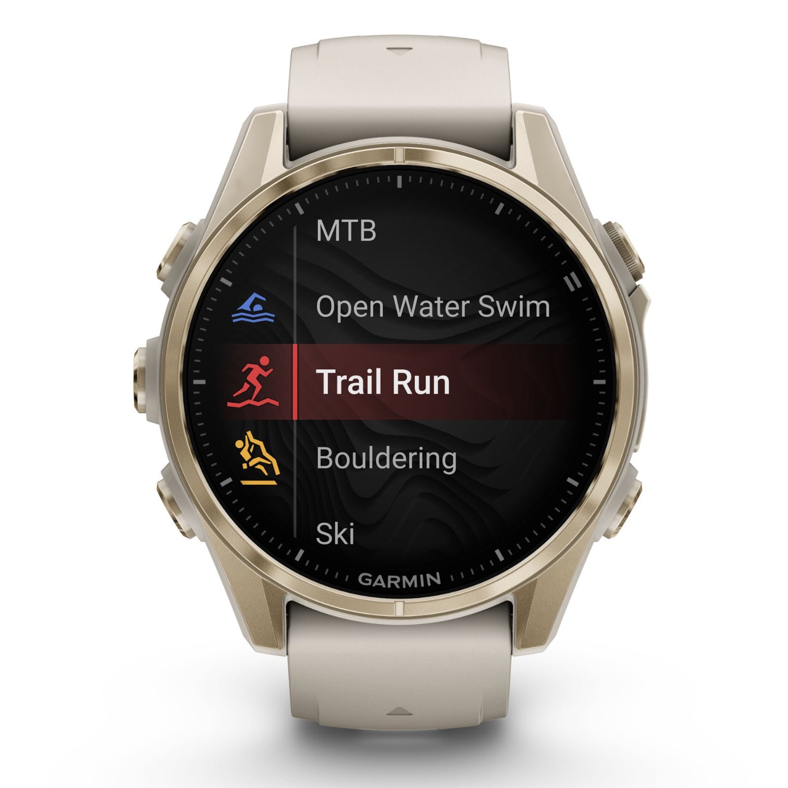 Garmin Fenix 8 Sapphire - 43 mm / AMOLED - Soft Gold avec bracelet en silicone gris brouillard/grès foncé - Montre multisport premium