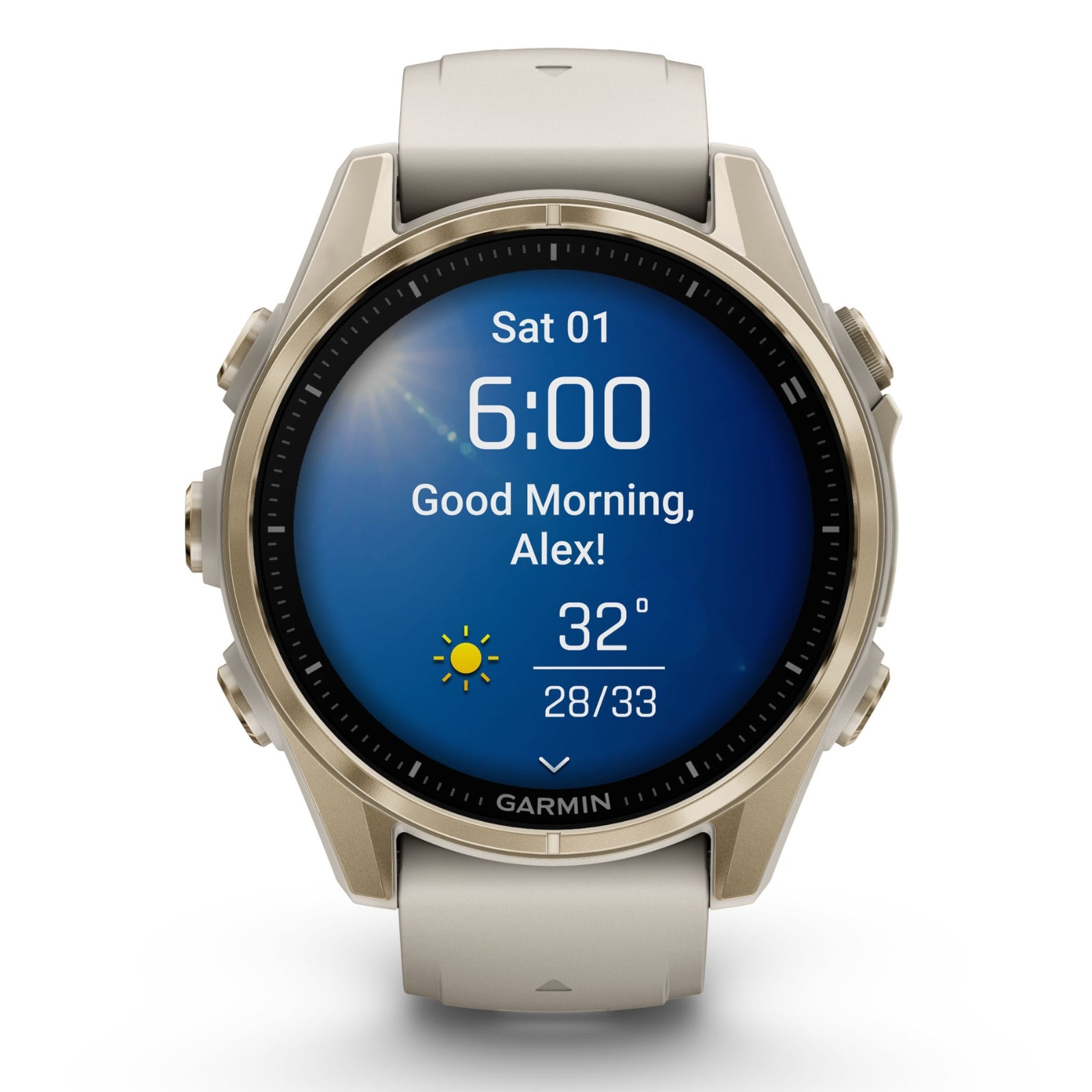 Garmin Fenix 8 Sapphire - 43 mm / AMOLED - Soft Gold avec bracelet en silicone gris brouillard/grès foncé - Montre multisport premium