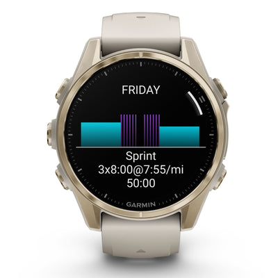 Garmin Fenix 8 Sapphire - 43 mm / AMOLED - Soft Gold avec bracelet en silicone gris brouillard/grès foncé - Montre multisport premium
