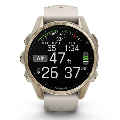 Garmin Fenix 8 Sapphire - 43 mm / AMOLED - Soft Gold avec bracelet en silicone gris brouillard/grès foncé - Montre multisport premium