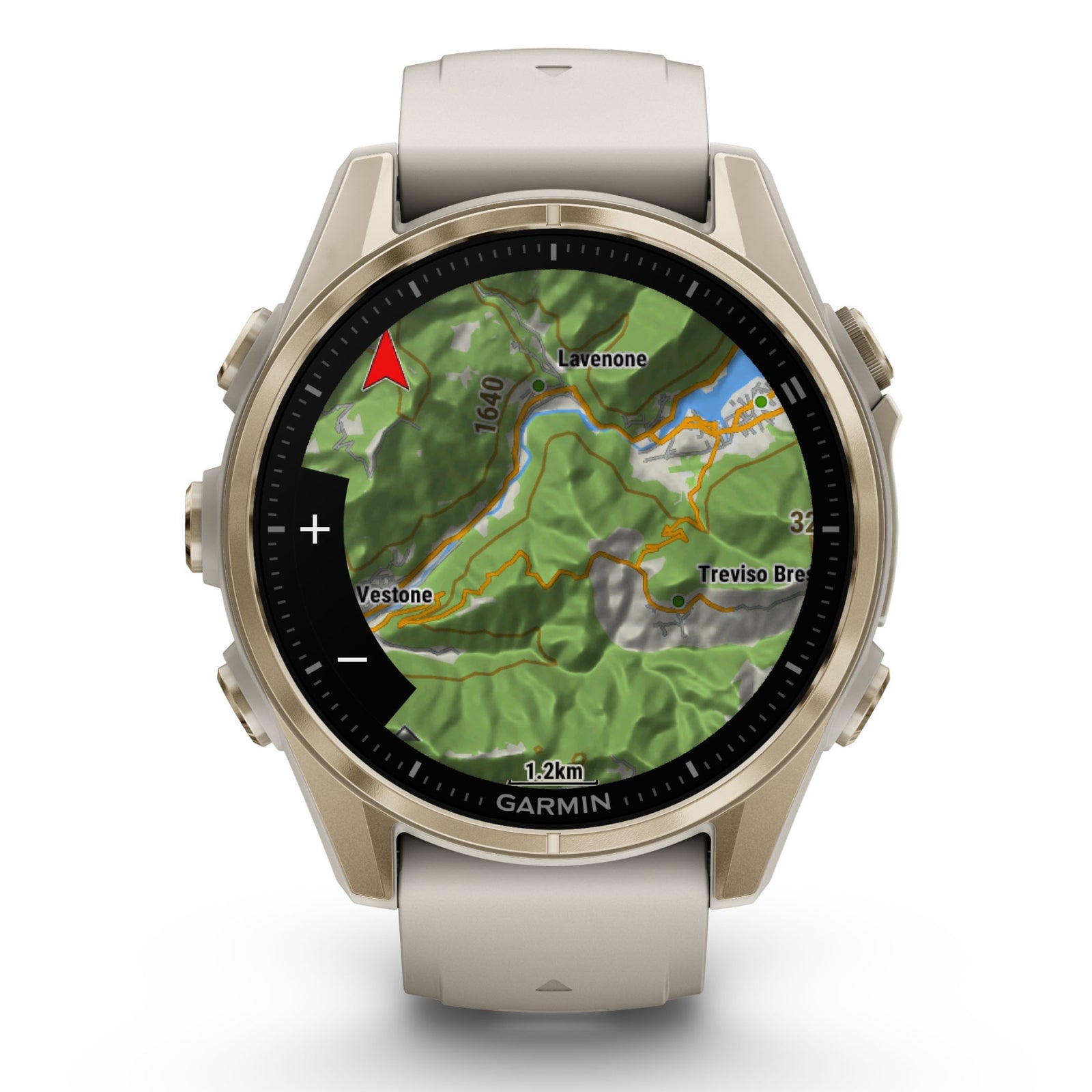 Garmin Fenix 8 Sapphire - 43 mm / AMOLED - Soft Gold avec bracelet en silicone gris brouillard/grès foncé - Montre multisport premium