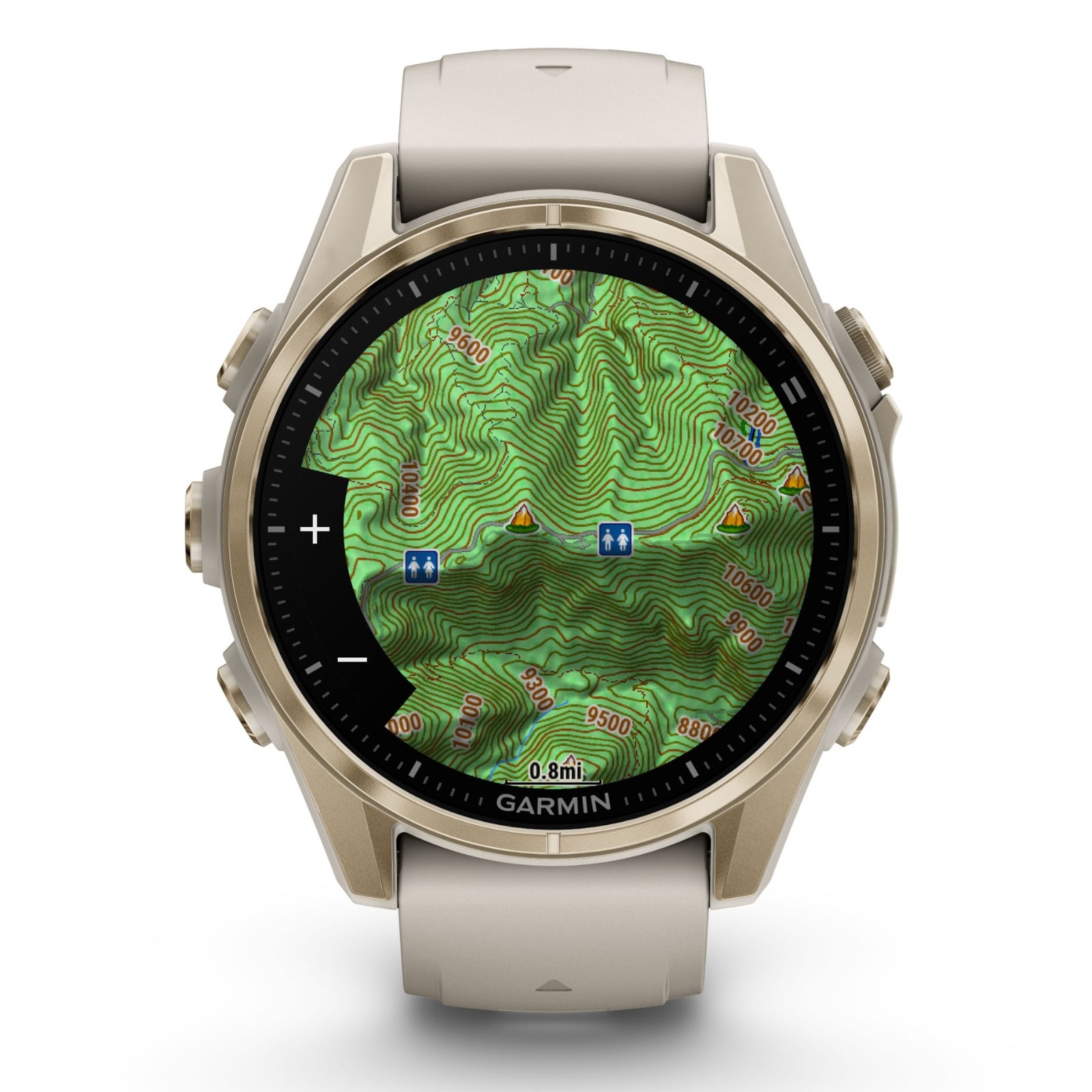 Garmin Fenix 8 Sapphire - 43 mm / AMOLED - Soft Gold avec bracelet en silicone gris brouillard/grès foncé - Montre multisport premium