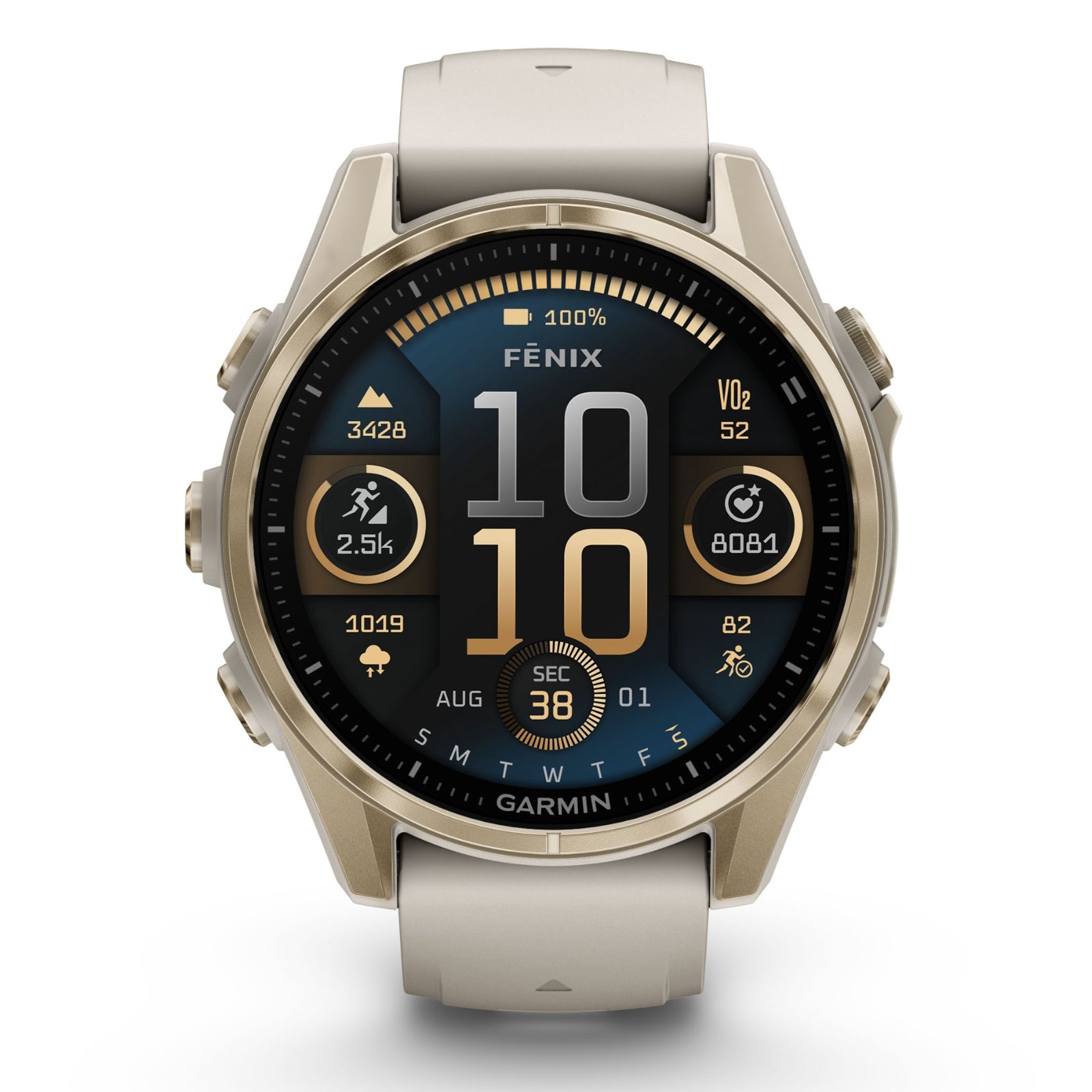 Garmin Fenix 8 Sapphire - 43 mm / AMOLED - Soft Gold avec bracelet en silicone gris brouillard/grès foncé - Montre multisport premium