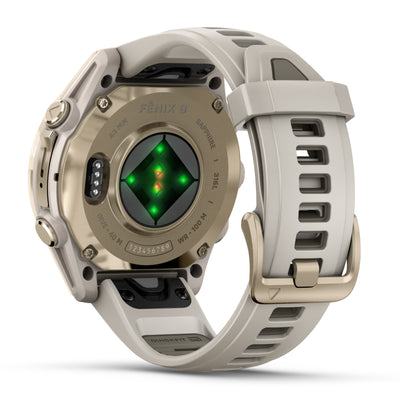 Garmin Fenix 8 Sapphire - 43 mm / AMOLED - Soft Gold avec bracelet en silicone gris brouillard/grès foncé - Montre multisport premium