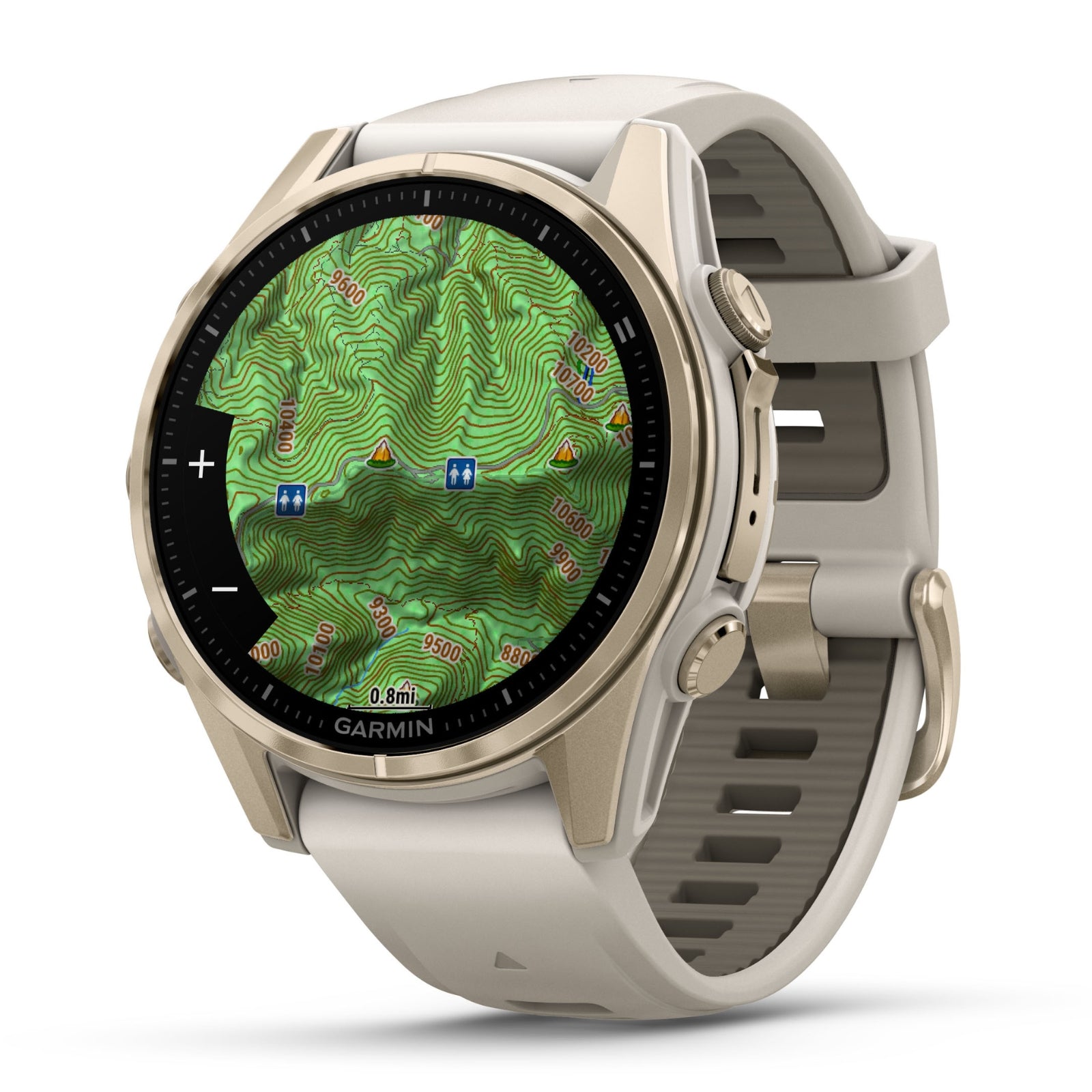 Garmin Fenix 8 Sapphire - 43 mm / AMOLED - Soft Gold avec bracelet en silicone gris brouillard/grès foncé - Montre multisport premium