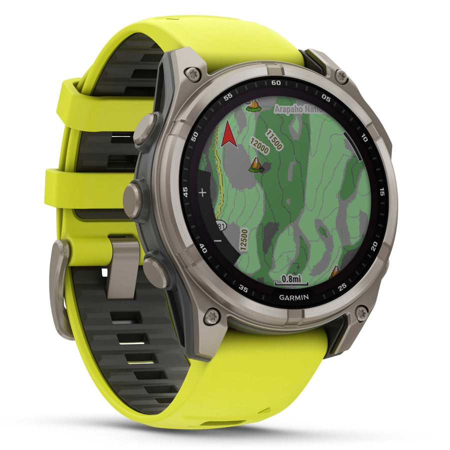 Garmin Fenix 8 Sapphire Solar - 47 mm & 51 mm - Titane avec bracelet en silicone Amp Yellow/graphite - Montre multisport premium