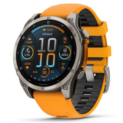 Garmin Fenix 8 Sapphire - 47 mm & 51 mm / AMOLED - Titane avec bracelet en silicone orange Spark - Montre multisport premium
