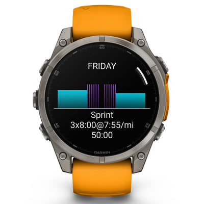 Garmin Fenix 8 Sapphire - 47 mm & 51 mm / AMOLED - Titane avec bracelet en silicone orange Spark - Montre multisport premium