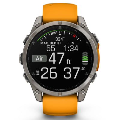 Garmin Fenix 8 Sapphire - 47 mm & 51 mm / AMOLED - Titane avec bracelet en silicone orange Spark - Montre multisport premium