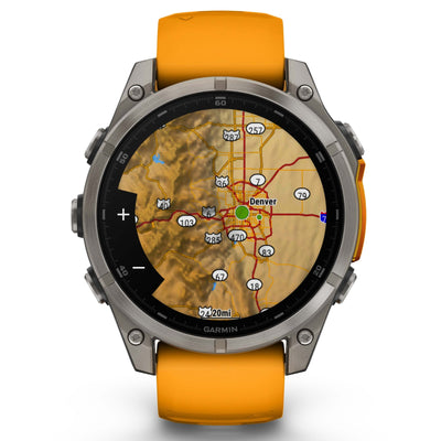 Garmin Fenix 8 Sapphire - 47 mm & 51 mm / AMOLED - Titane avec bracelet en silicone orange Spark - Montre multisport premium
