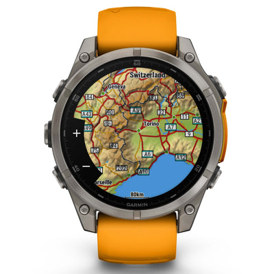 Garmin Fenix 8 Sapphire - 47 mm & 51 mm / AMOLED - Titane avec bracelet en silicone orange Spark - Montre multisport premium