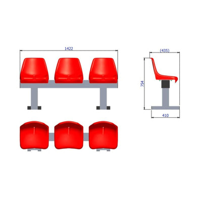 Aluminium sportveld trainersbank met kuipzitjes voor 3 personen - Alusport - 1,42 x 0,75 m - In kleur naar wens