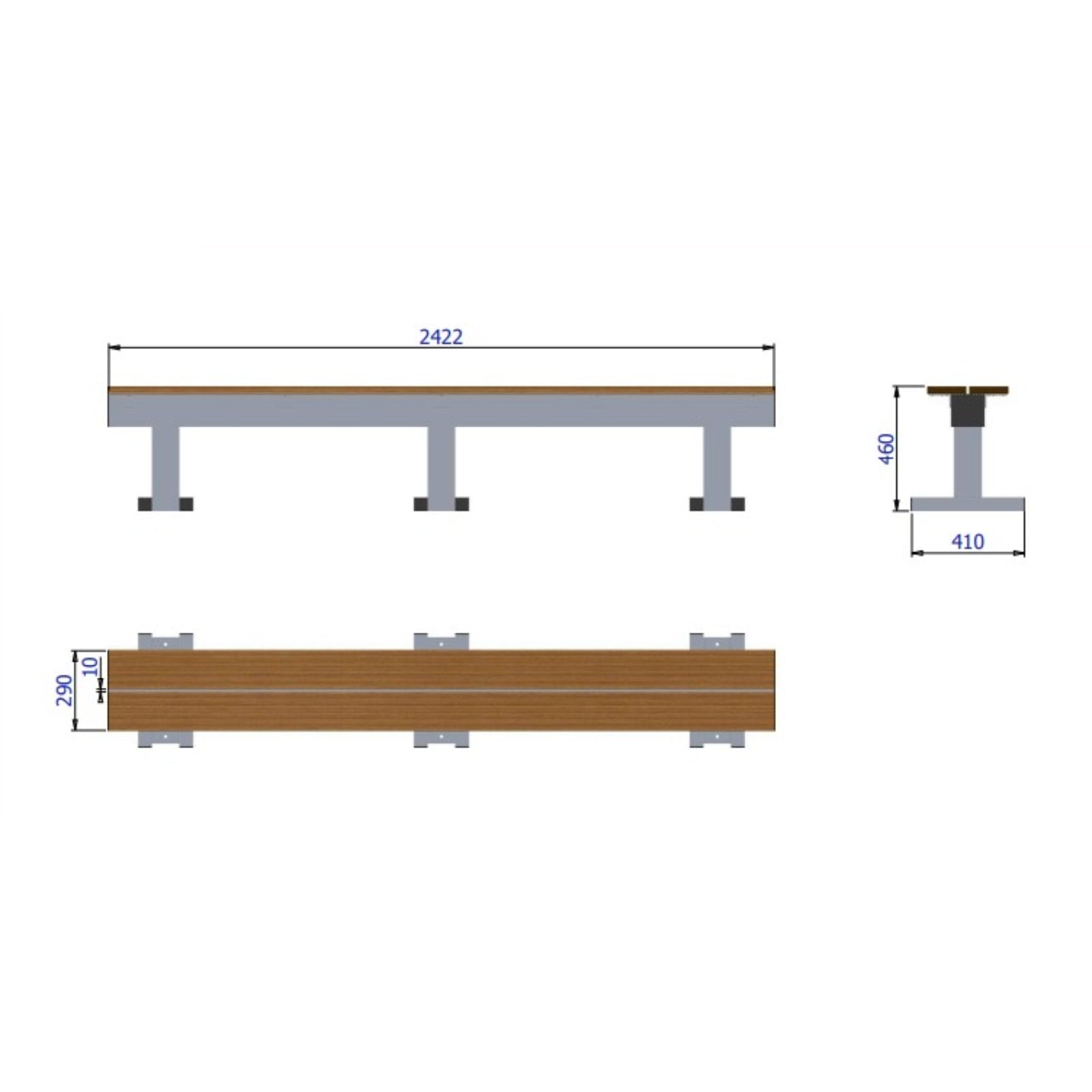 Aluminium sportveld trainersbank voor 5 personen - Alusport - 2,42 x 0,46 m
