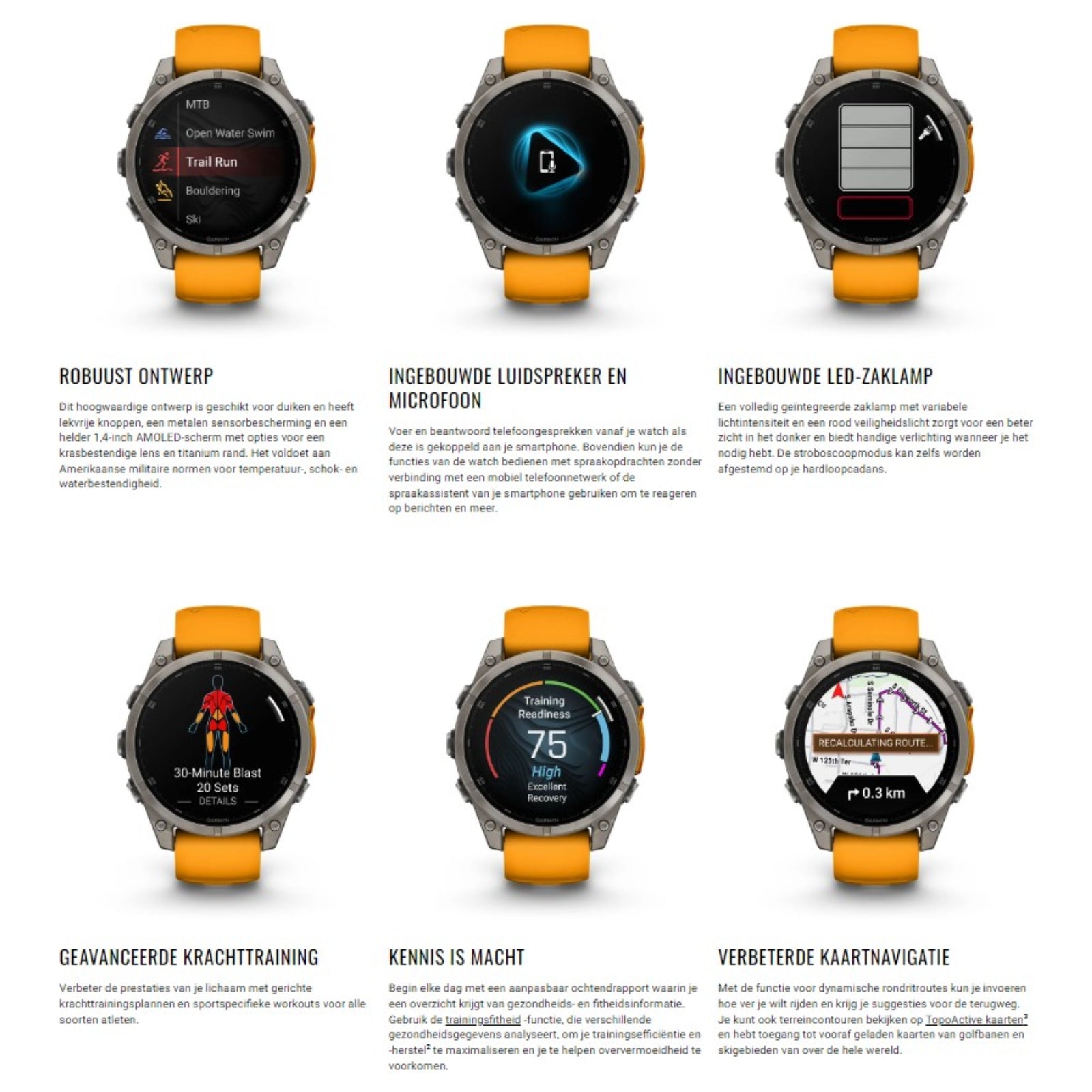 Garmin Fenix 8 Sapphire - 47 mm & 51 mm / AMOLED - Titane avec bracelet en silicone orange Spark - Montre multisport premium