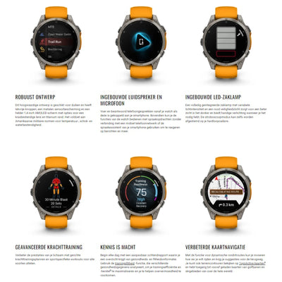 Garmin Fenix 8 Sapphire - 47 mm & 51 mm / AMOLED - Titane avec bracelet en silicone orange Spark - Montre multisport premium