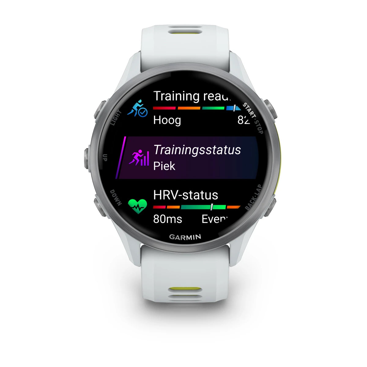 Garmin Forerunner 970 – 47 mm – Premium-Laufuhr – Titan mit Whitestone-Gehäuse und Whitestone-/transparentem und gelbem Armband