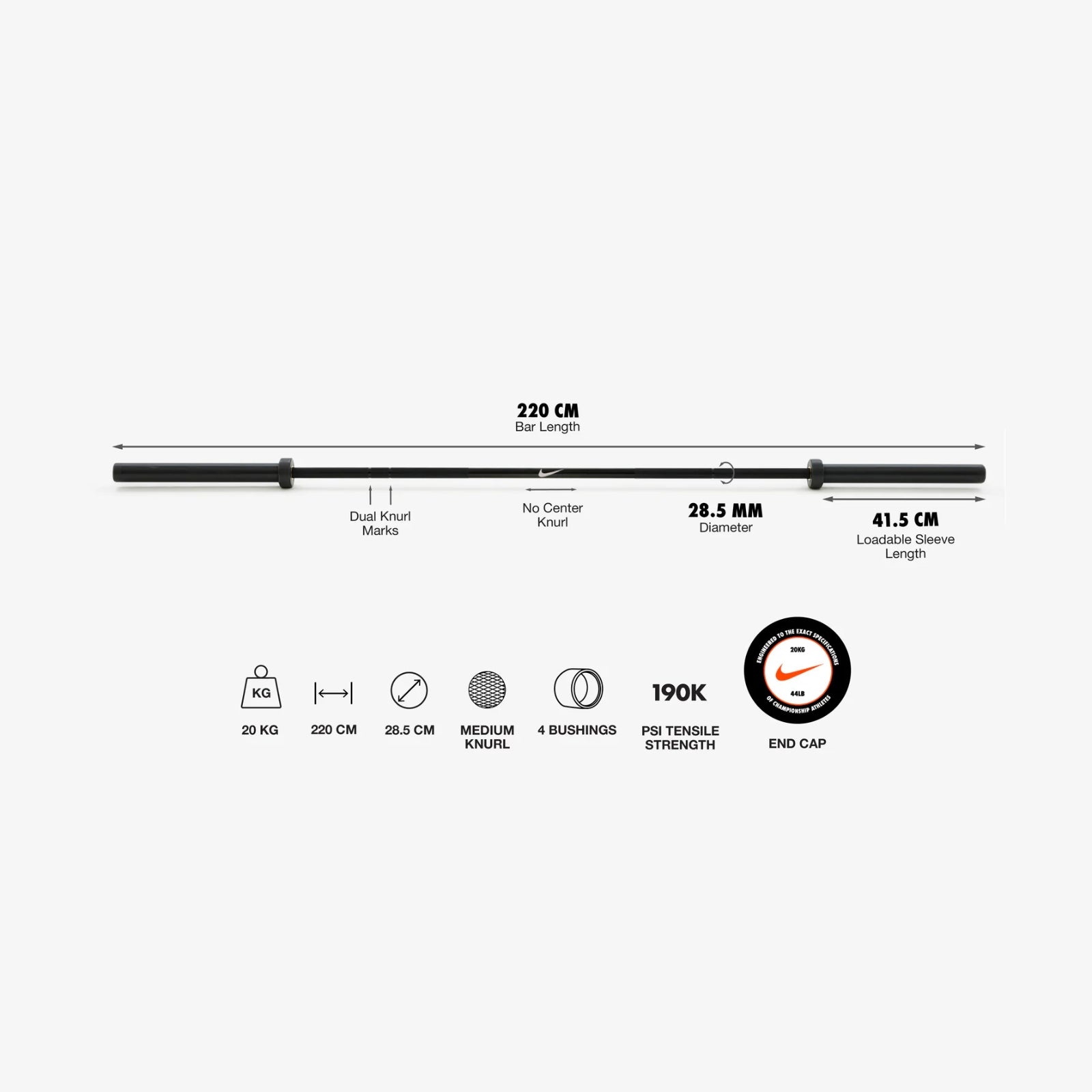 Nike Strength Barbell 20 kg - Zwart / Black Chrome