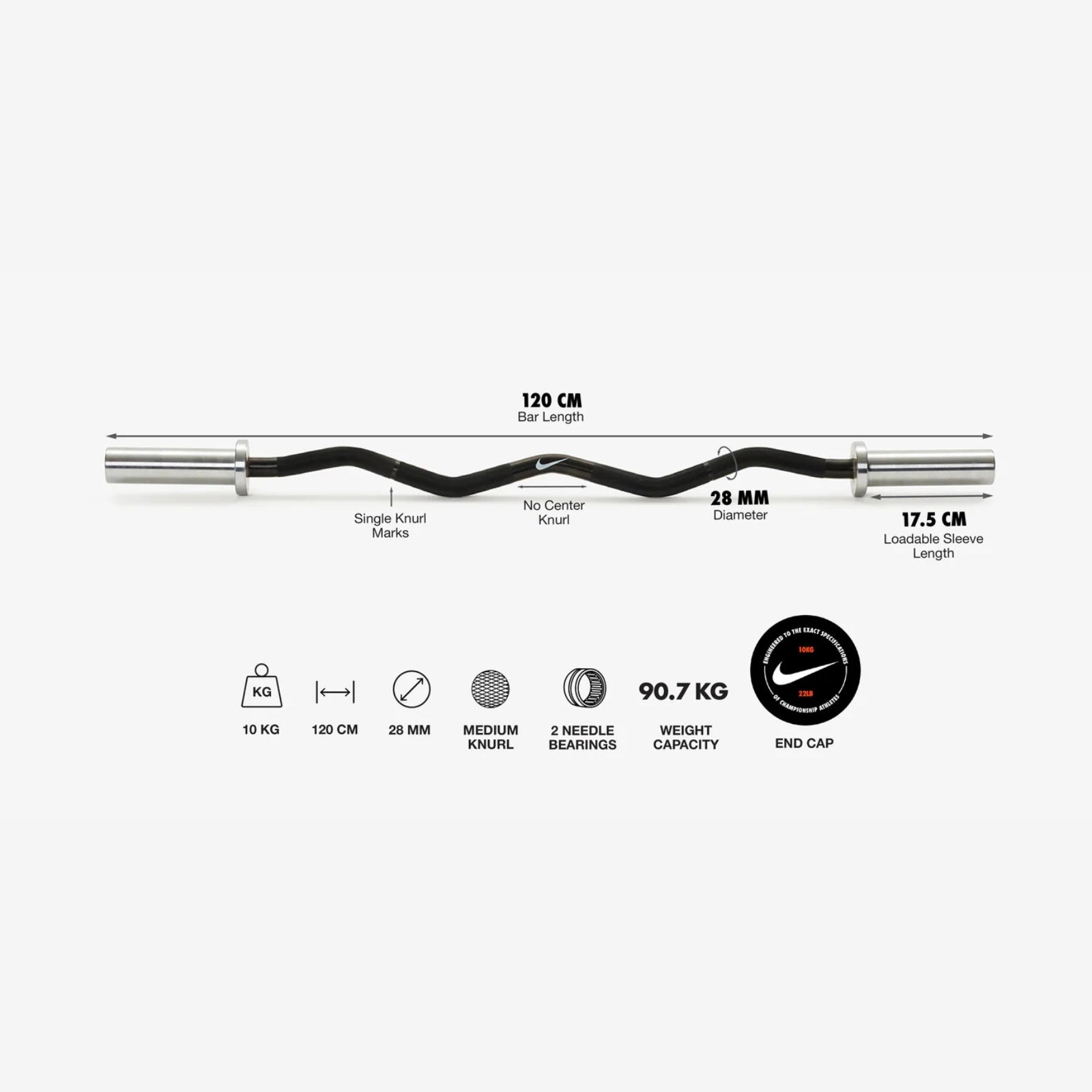 Barre Nike Strength Curl 10 kg - Noir / Swoosh noir