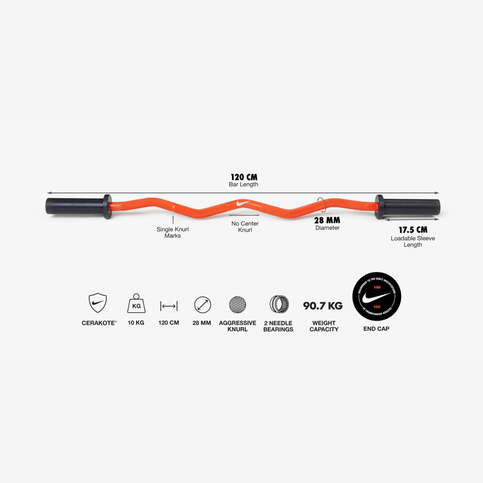 Nike Strength Premium Coated Curl Bar 10 kg - Oranje / Orange Swoosh - Cerakote coating