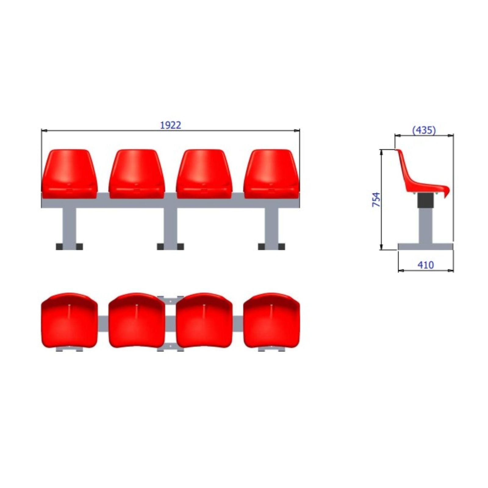 Aluminium sportveld trainersbank met kuipzitjes voor 4 personen - Alusport - 1,92 x 0,75 m - In kleur naar wens