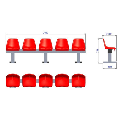 Aluminium sportveld trainersbank met kuipzitjes voor 5 personen - Alusport - 2,42 x 0,75 m - In kleur naar wens
