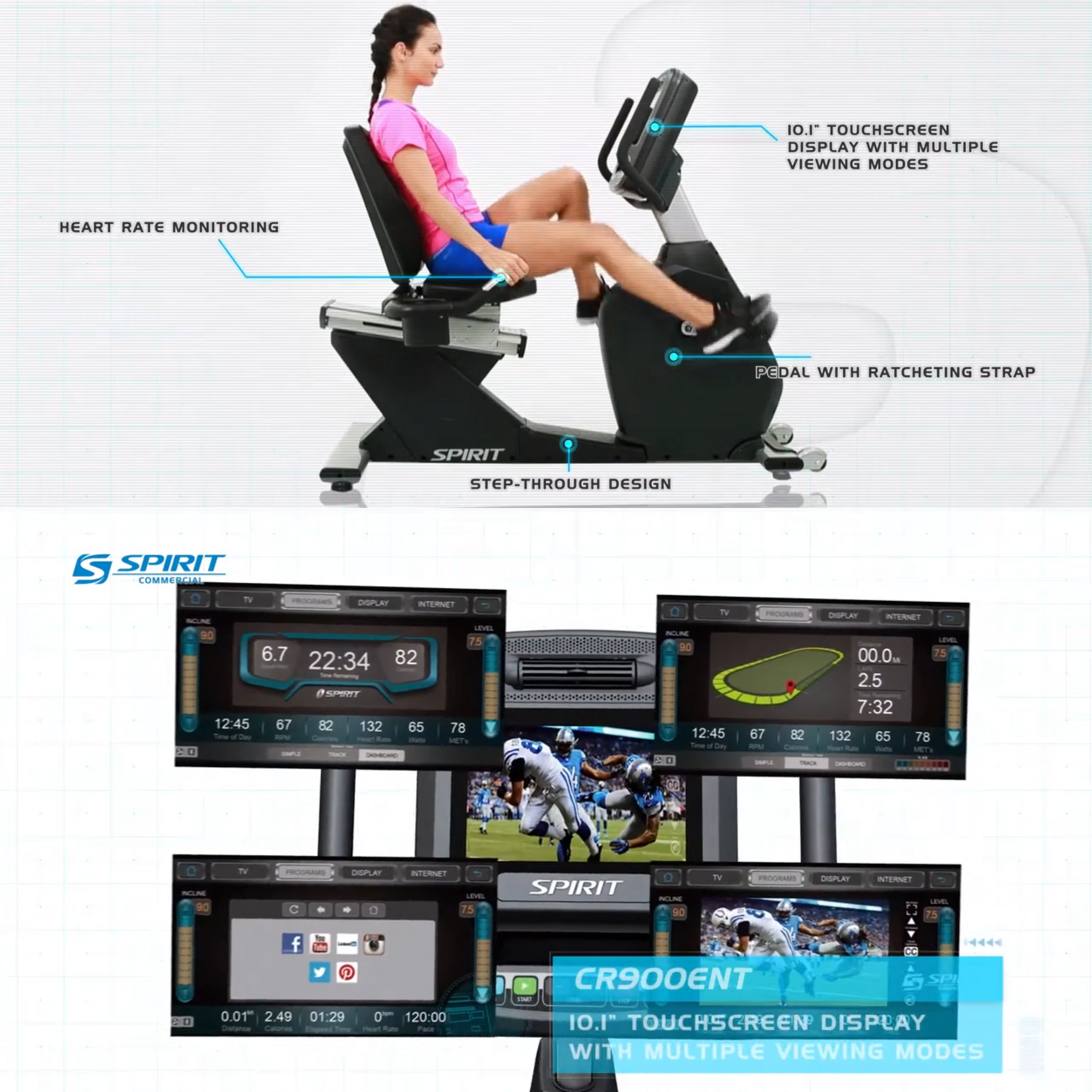 Spirit Fitness CR900TFT ligfiets hometrainer met luxe entertainment console - Gratis montage aan huis