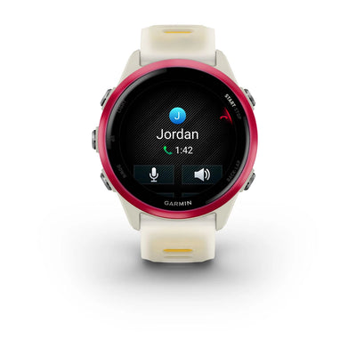 Garmin Forerunner 570 – 42 mm – Premium-Laufuhr – Himbeer-Aluminium mit transparentem Knochen-/Mango-Armband