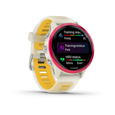 Garmin Forerunner 570 – 42 mm – Premium-Laufuhr – Himbeer-Aluminium mit transparentem Knochen-/Mango-Armband