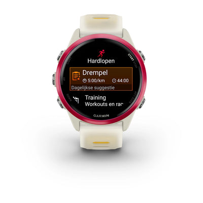 Garmin Forerunner 570 – 42 mm – Premium-Laufuhr – Himbeer-Aluminium mit transparentem Knochen-/Mango-Armband