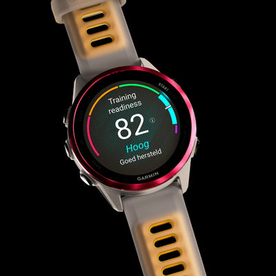 Garmin Forerunner 570 – 42 mm – Premium-Laufuhr – Himbeer-Aluminium mit transparentem Knochen-/Mango-Armband
