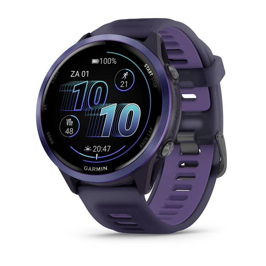 Garmin Forerunner 570 - 47mm - Premium hardloophorloge - Indigo aluminium met transparante imperial purple/indigo band