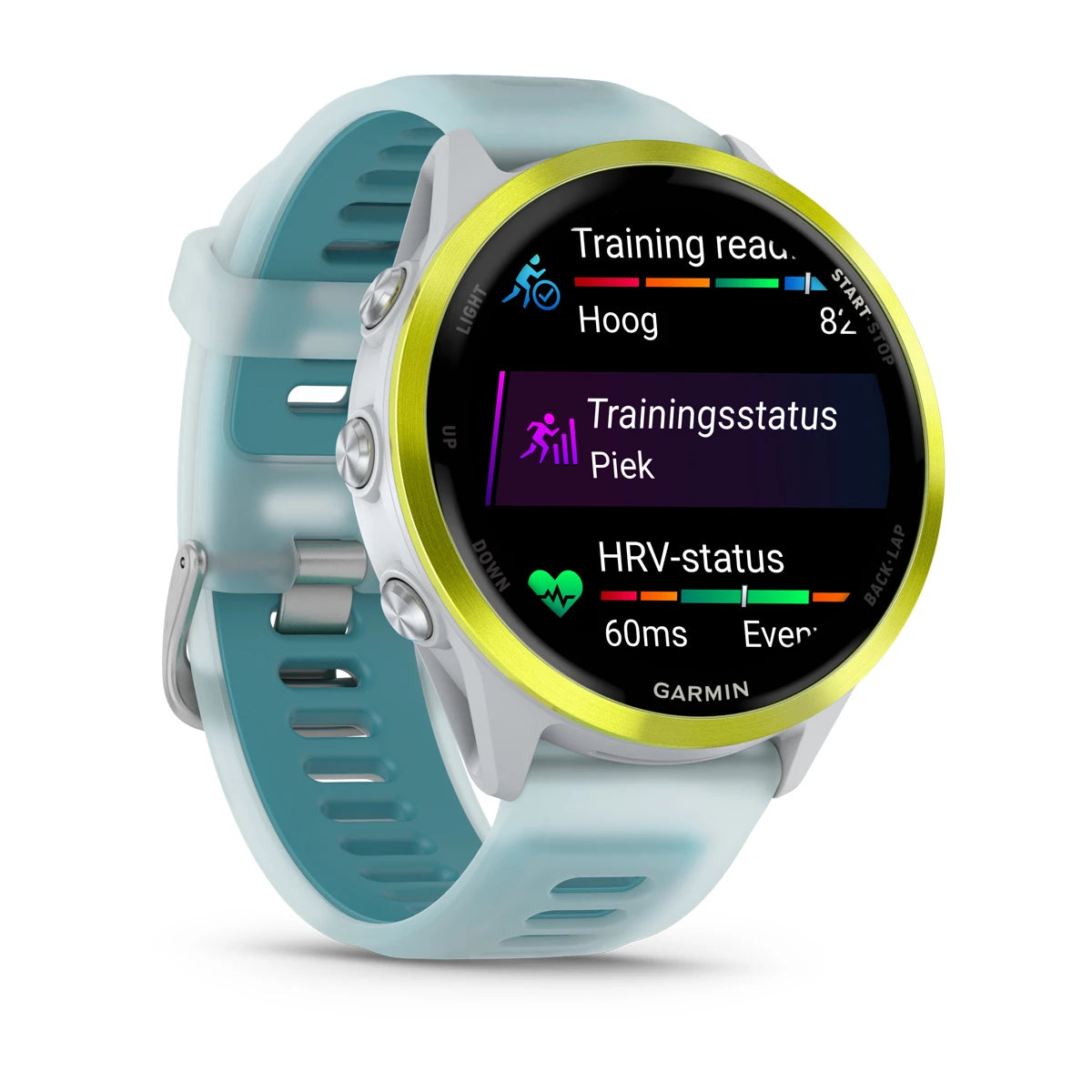 Garmin Forerunner 570 - 47mm - Premium hardloophorloge - Amp yellow aluminium met transparante whitestone/turquoise band