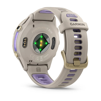Garmin Forerunner 970 - 47mm - Premium hardloophorloge - Soft gold titanium met french grey behuizing en french grey/transparante indigo band