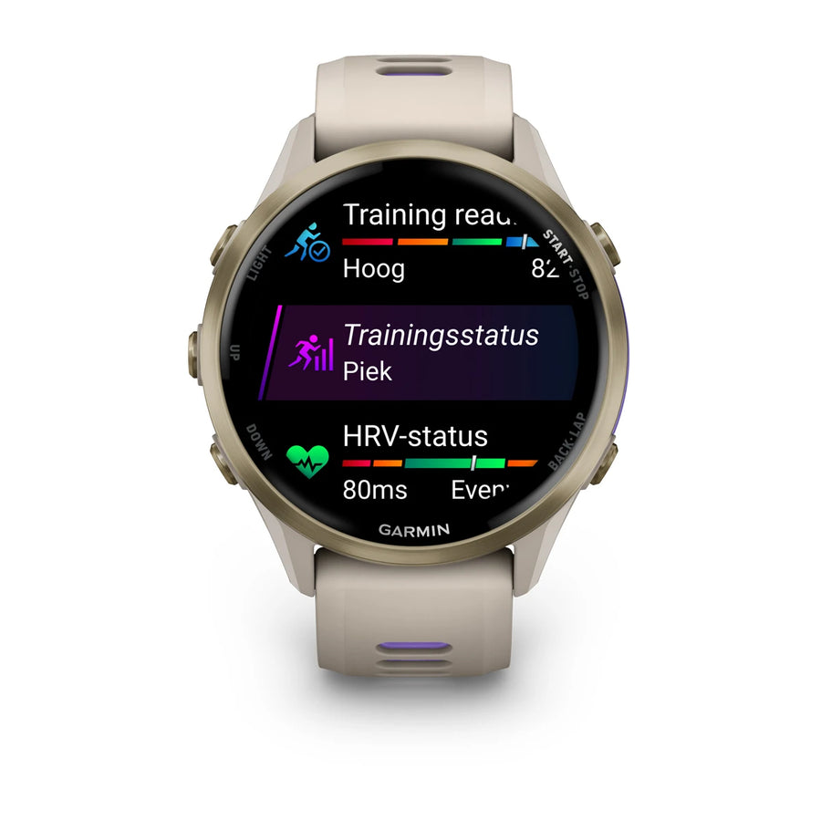 Garmin Forerunner 970 - 47mm - Premium hardloophorloge - Soft gold titanium met french grey behuizing en french grey/transparante indigo band
