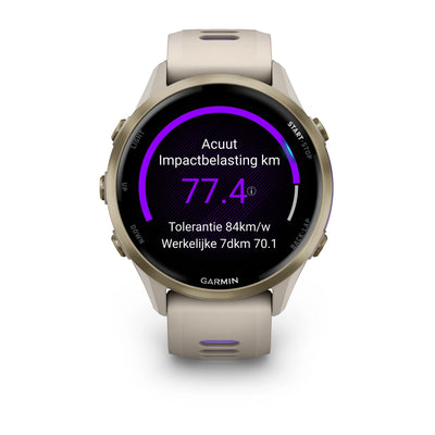 Garmin Forerunner 970 - 47mm - Premium hardloophorloge - Soft gold titanium met french grey behuizing en french grey/transparante indigo band