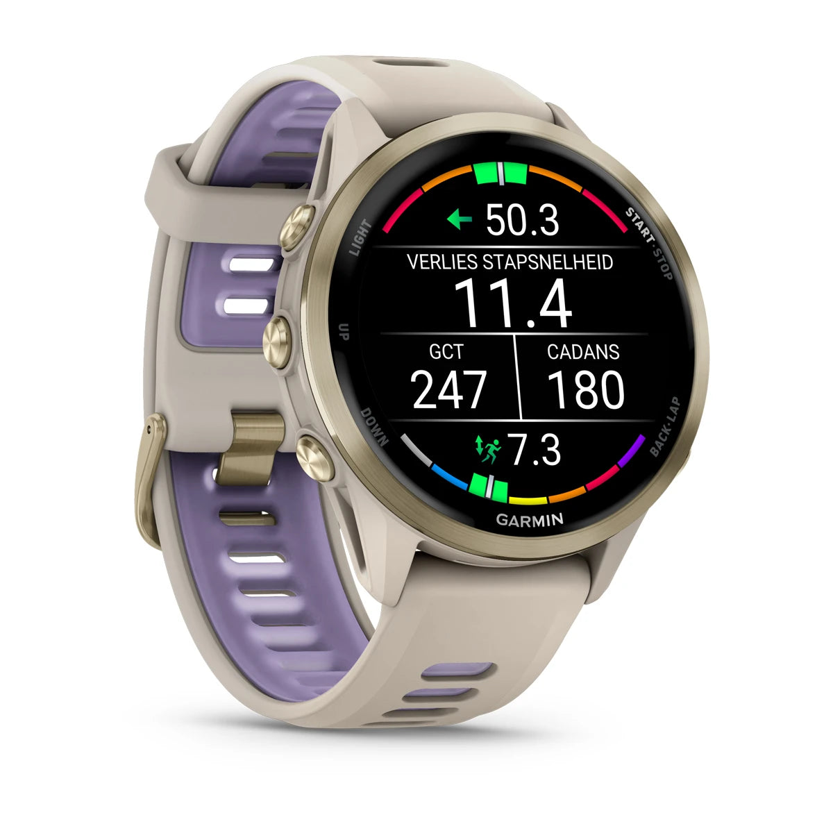 Garmin Forerunner 970 - 47mm - Premium hardloophorloge - Soft gold titanium met french grey behuizing en french grey/transparante indigo band