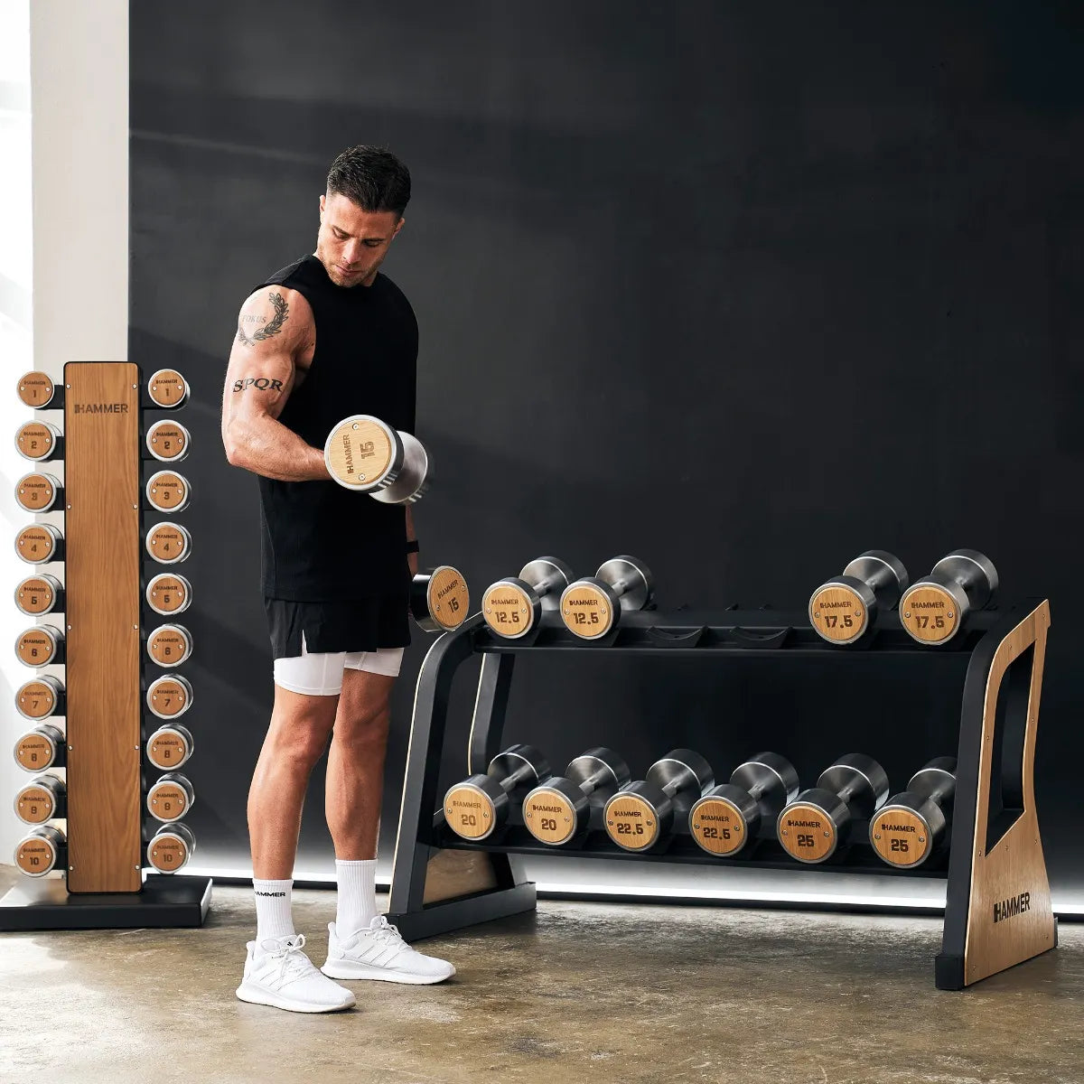 Hammer Exclusive Dumbbel Rack Set - Houten dumbbells met opslagrek - Eikenhout