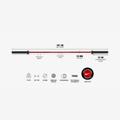 Nike Strength Coated Premium Barbell 15 kg - Rood / Red Swoosh - Cerakote coating