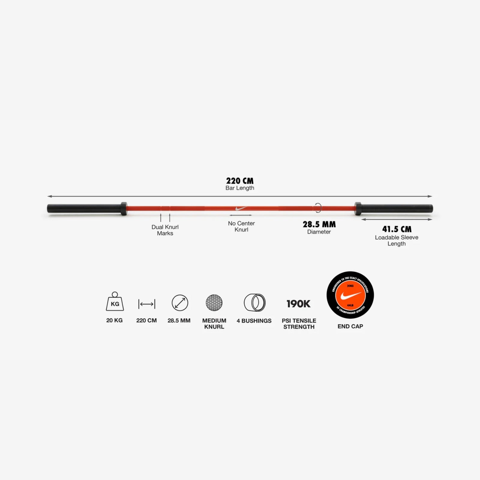 Nike Strength Coated Premium Barbell 20 kg - Oranje / Orange Swoosh - Cerakote coating