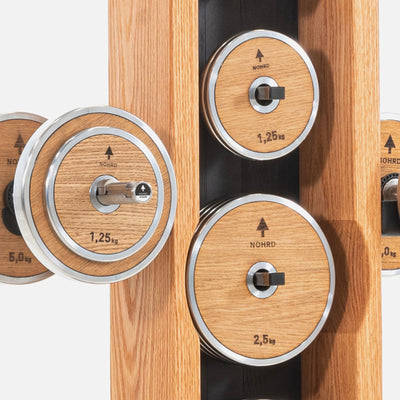 NOHRD Weight Plate Tower Eiken - Set met Gungnir Dumbbells & Barbell - Eikenhout