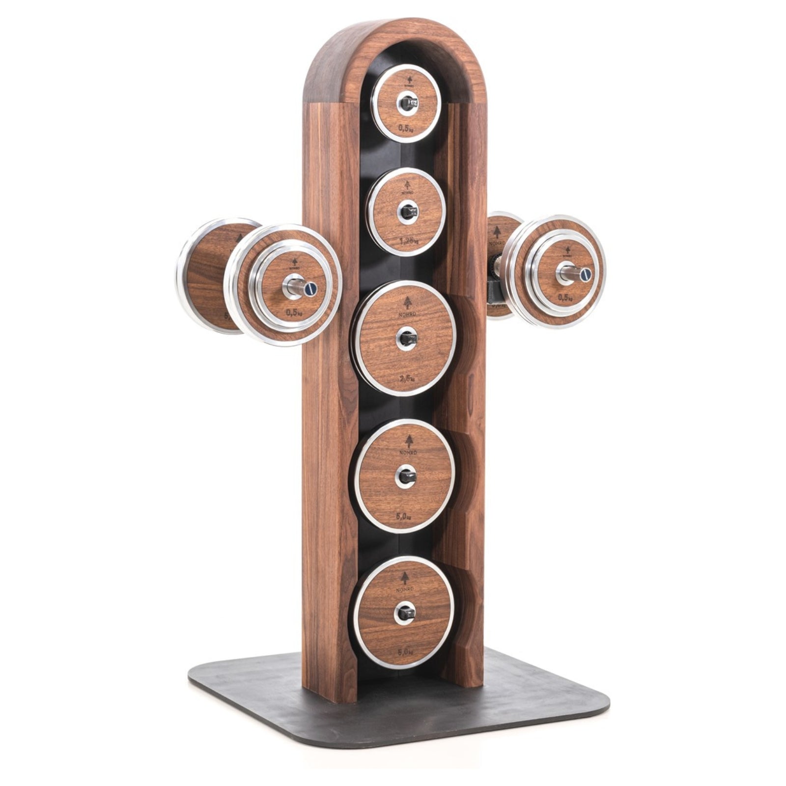 NOHRD Weight Plate Tower Vintage Eiken - Set met Gungnir Dumbbells & Barbell - Gebeist eikenhout