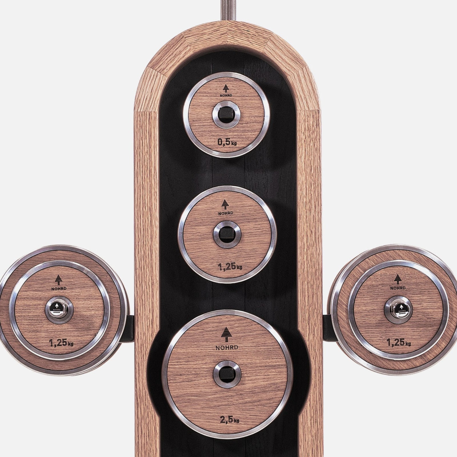 NOHRD Weight Plate Tower Vintage Eiken - Set met Gungnir Dumbbells & Barbell - Gebeist eikenhout
