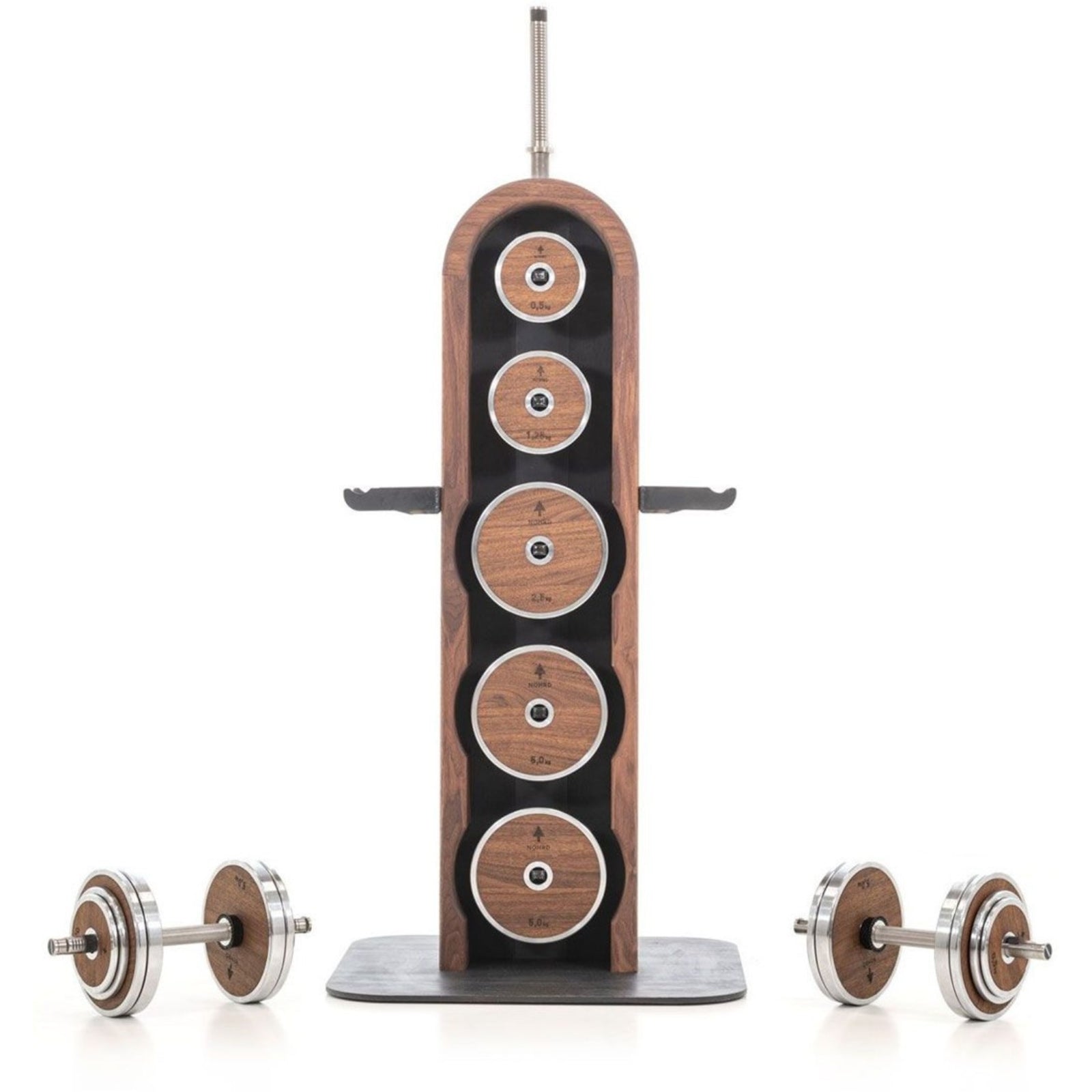 NOHRD Weight Plate Tower Vintage Eiken - Set met Gungnir Dumbbells & Barbell - Gebeist eikenhout