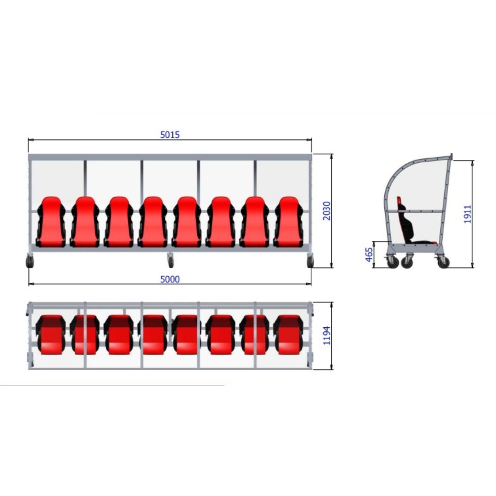 Verrijdbare dugout met luxe sportstoelen voor 8 personen - gepersonaliseerd geborduurd logo en stoelkleur naar wens - Alusport - 5 x 2 m