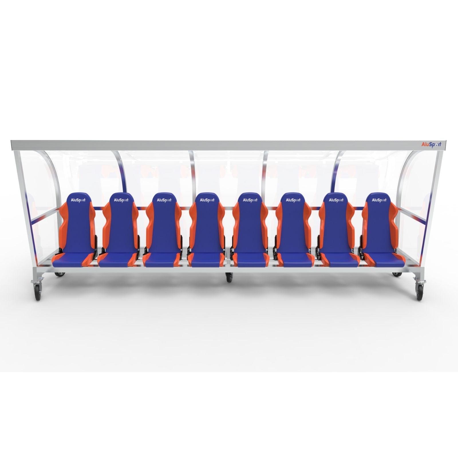 Verrijdbare dugout met luxe sportstoelen voor 8 personen - gepersonaliseerd geborduurd logo en stoelkleur naar wens - Alusport - 5 x 2 m