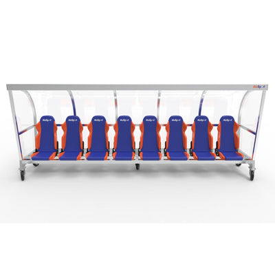 Verrijdbare dugout met luxe sportstoelen voor 8 personen - gepersonaliseerd geborduurd logo en stoelkleur naar wens - Alusport - 5 x 2 m