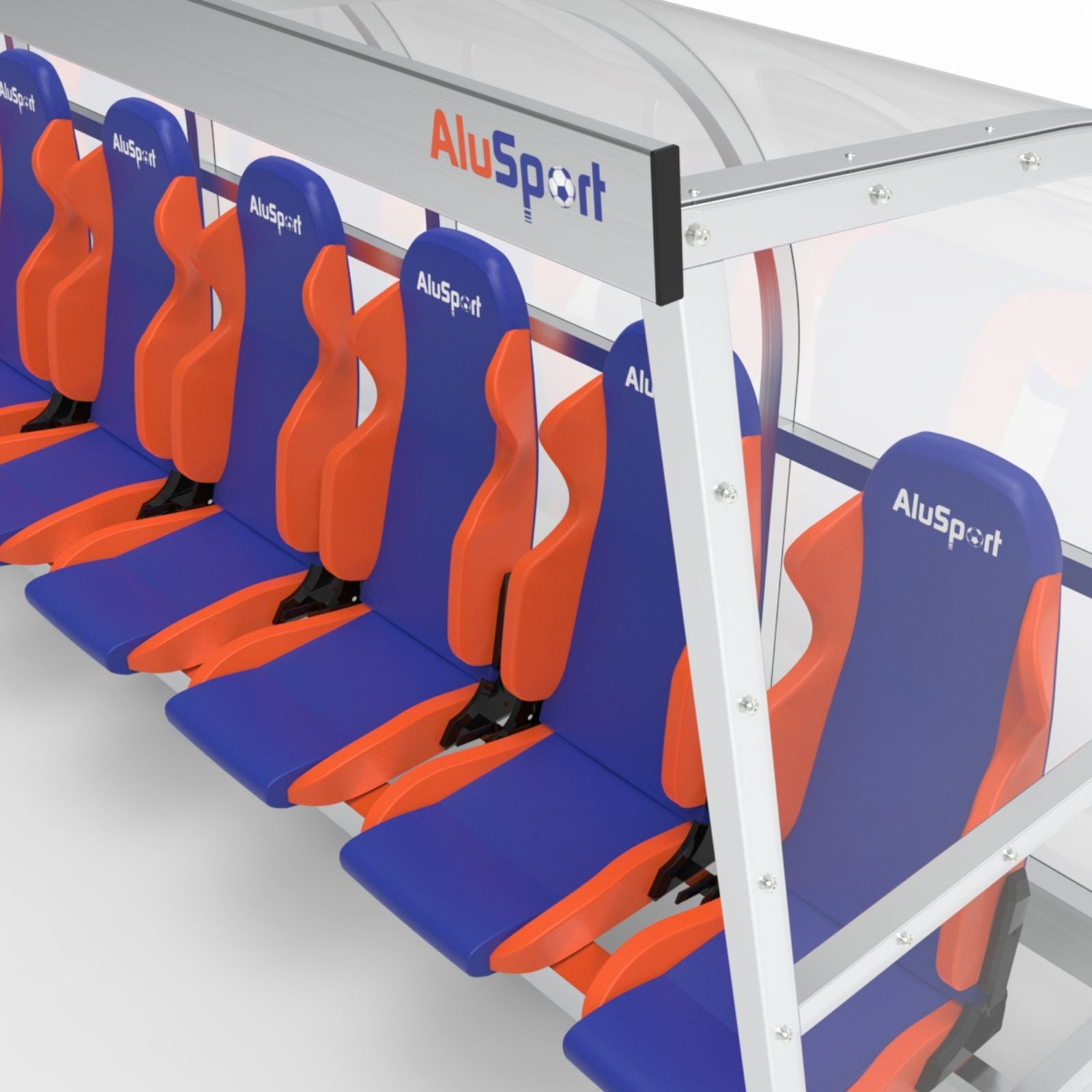 Verrijdbare dugout met luxe sportstoelen voor 8 personen - gepersonaliseerd geborduurd logo en stoelkleur naar wens - Alusport - 5 x 2 m