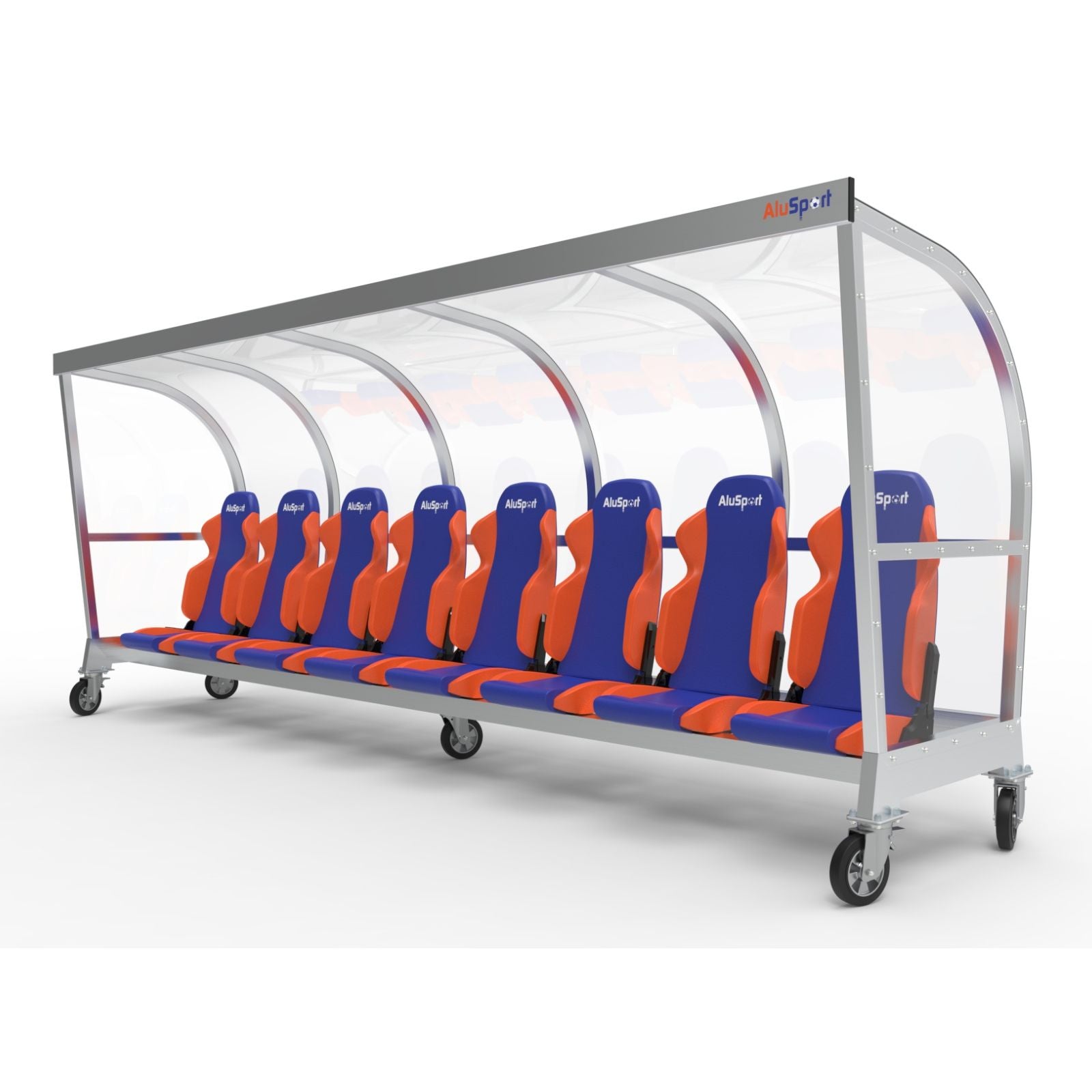 Verrijdbare dugout met luxe sportstoelen voor 8 personen - gepersonaliseerd geborduurd logo en stoelkleur naar wens - Alusport - 5 x 2 m