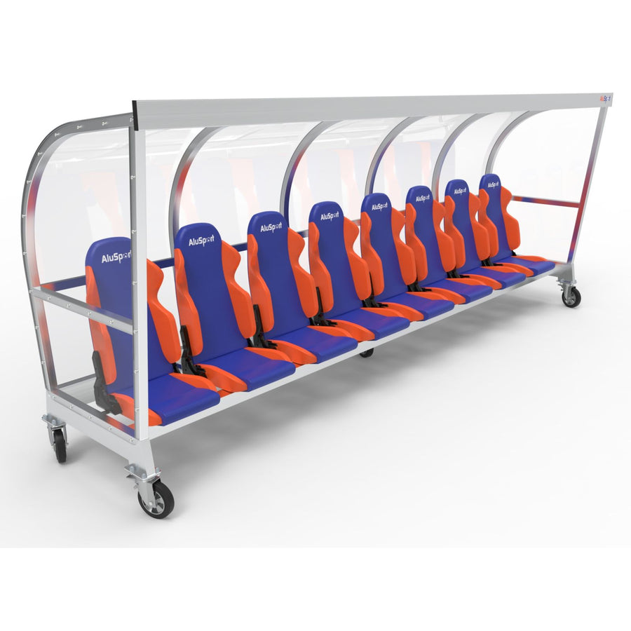 Verrijdbare dugout met luxe sportstoelen voor 8 personen - gepersonaliseerd geborduurd logo en stoelkleur naar wens - Alusport - 5 x 2 m